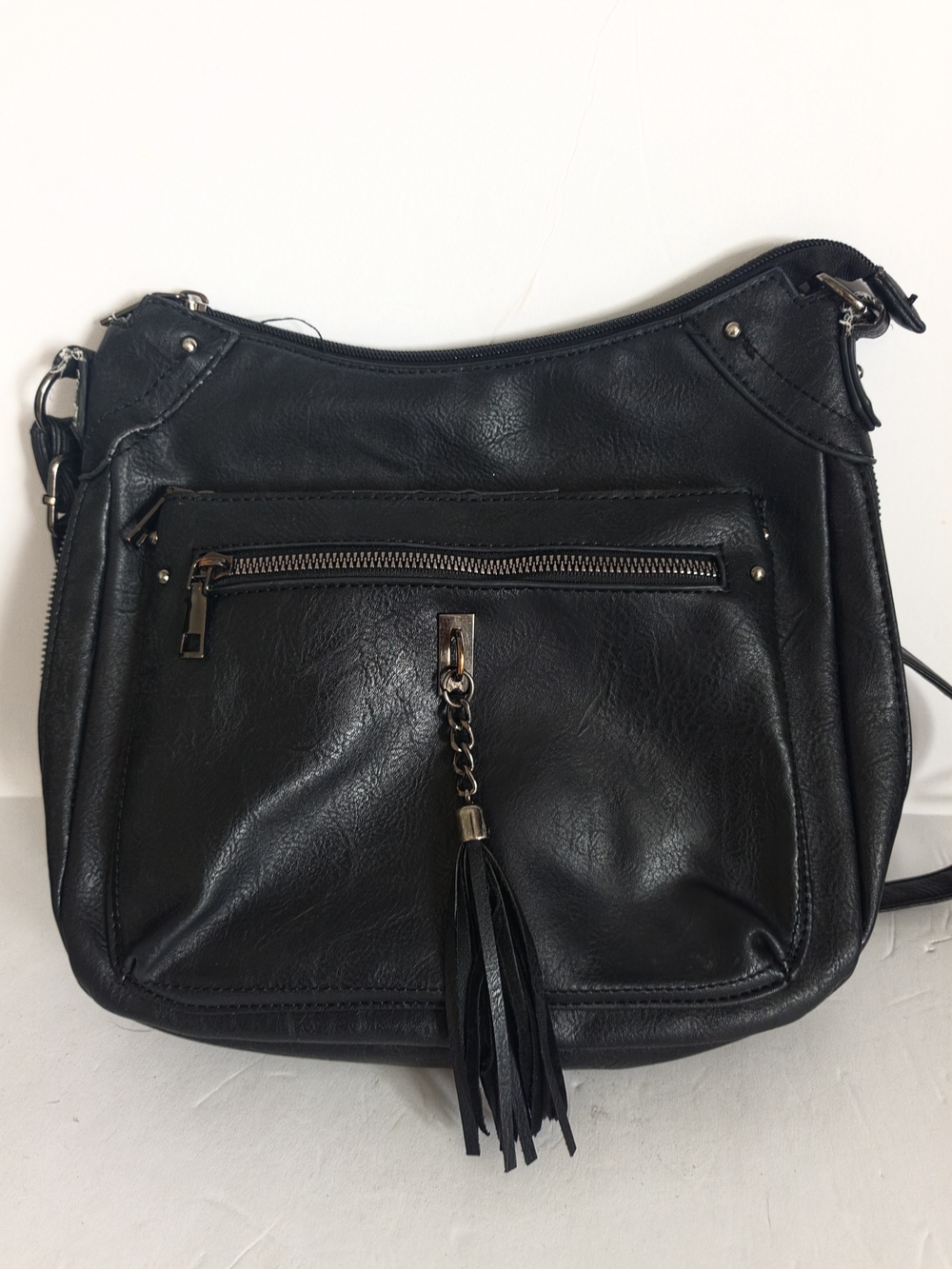 Black Faux Leather Tassel Crossbody Shoulder Bag